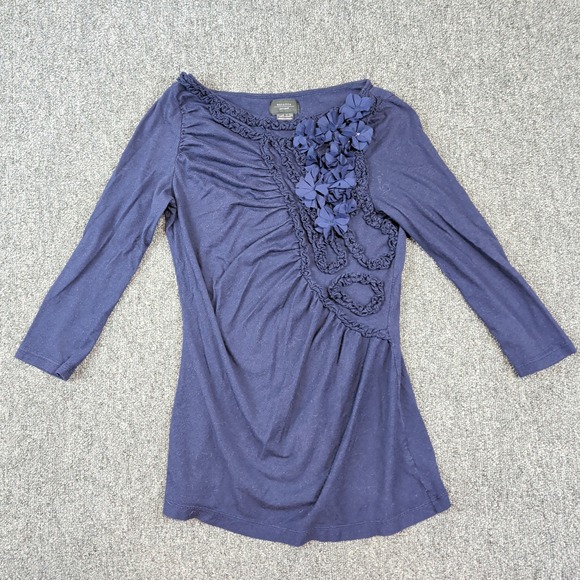 Deletta Anthropologie XS Navy Blue 3D Floral Asymmetrical Ruched Pima Cotton Top — photo 2